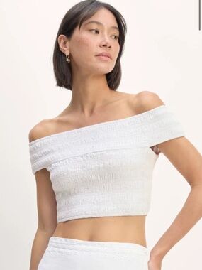 Everlane xxs organic cotton Off-Shoulder Smocked Crop Top in White